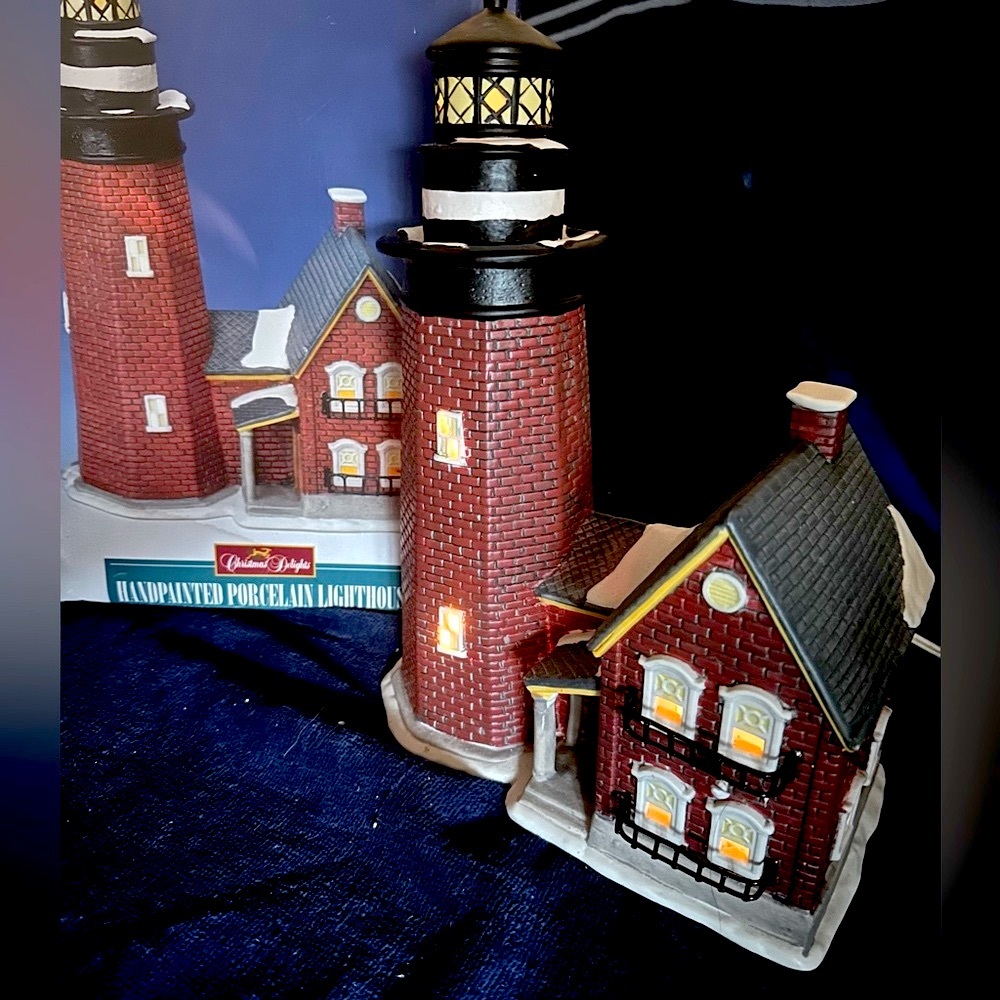 Christmas Delights Handpainted Porcelain Lighthouse W/Cottage Coastal Noel Decor